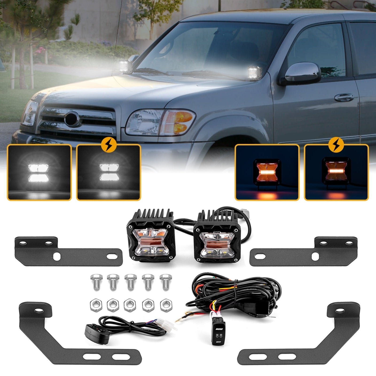 2000 - 2006 Toyota Tundra Hood Hinge 3" White & Amber Strobe LED Ditch Light Pod Kit - Weisen