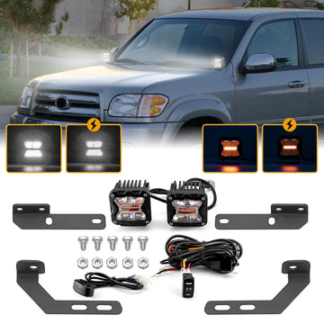 2000 - 2006 Toyota Tundra Hood Hinge 3" White & Amber Strobe LED Ditch Light Pod Kit - WeiSen - 70104021+70201007