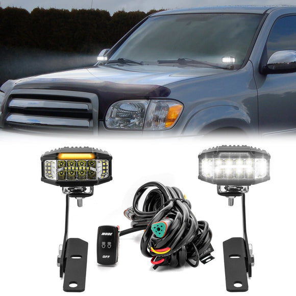 2000 - 2006 Toyota Tundra White&Amber Strobe 3.5 Inch LED Hood Hinge Ditch Light Pods w/ Wiring Harness Kit - WeiSen - 70104021+70201013