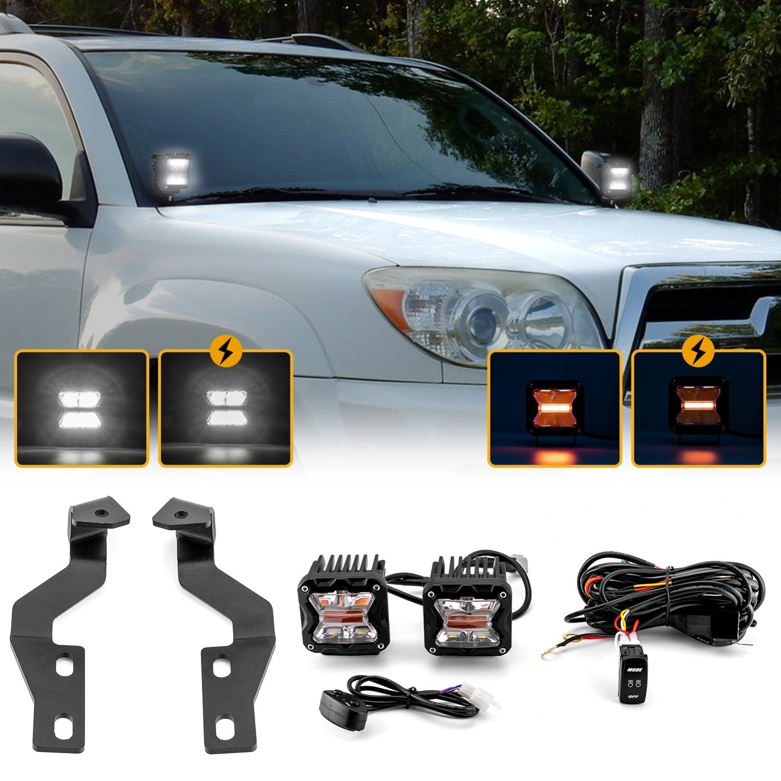 2003 - 2009 Toyota 4Runner Hood Hinge 3" White & Amber Strobe LED Ditch Light Pod Kit - Weisen