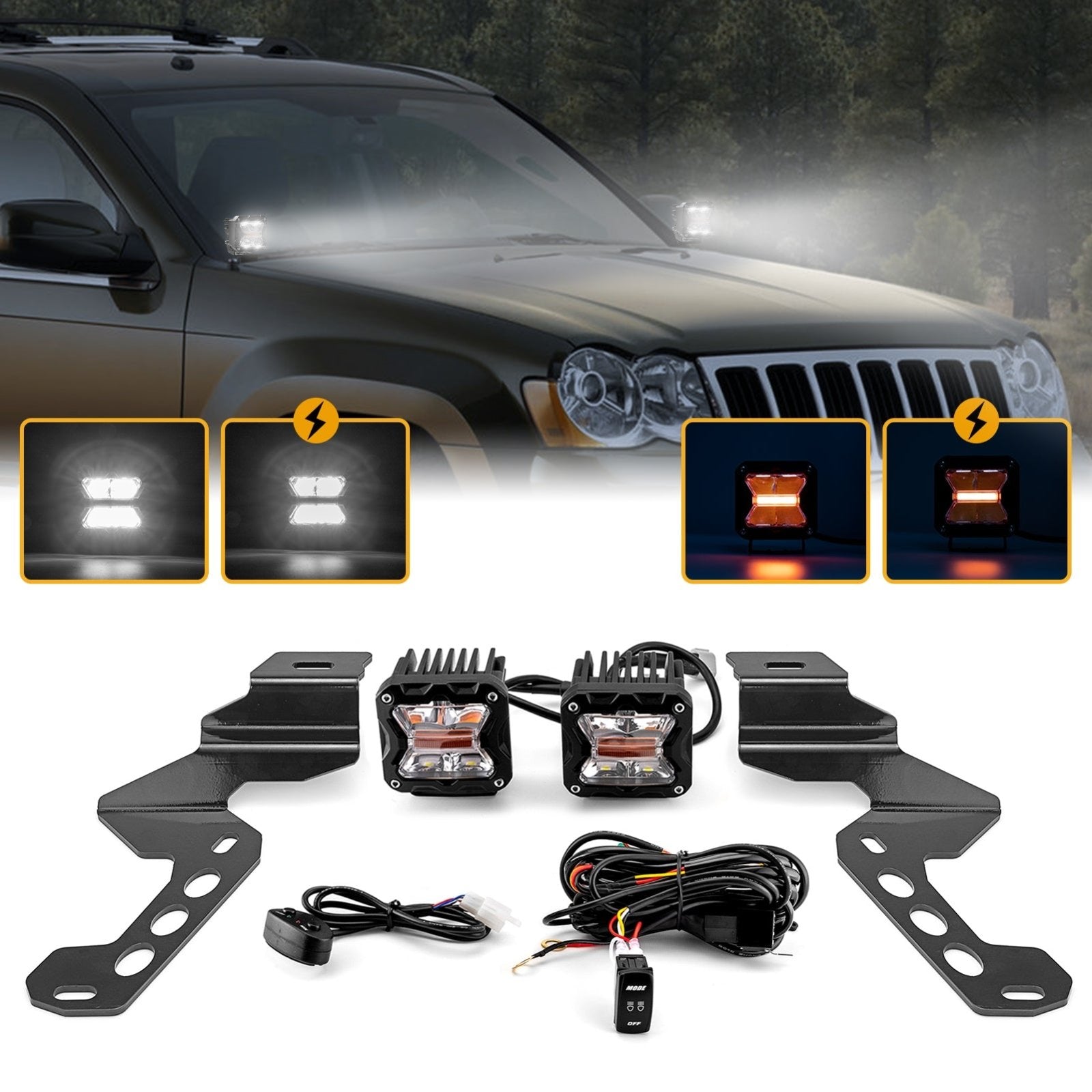 2005 - 2010 Jeep Grand Cherokee WK Hood Hinge 3" White & Amber Strobe LED Ditch Light Pod Kit - WeiSen - 70104023+70201007