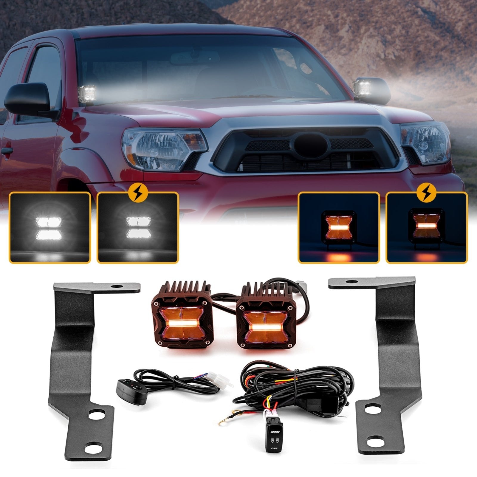 2005 - 2015 Toyota Tacoma Hood Hinge 3" White & Amber Strobe LED Ditch Light Pod Kit - Weisen