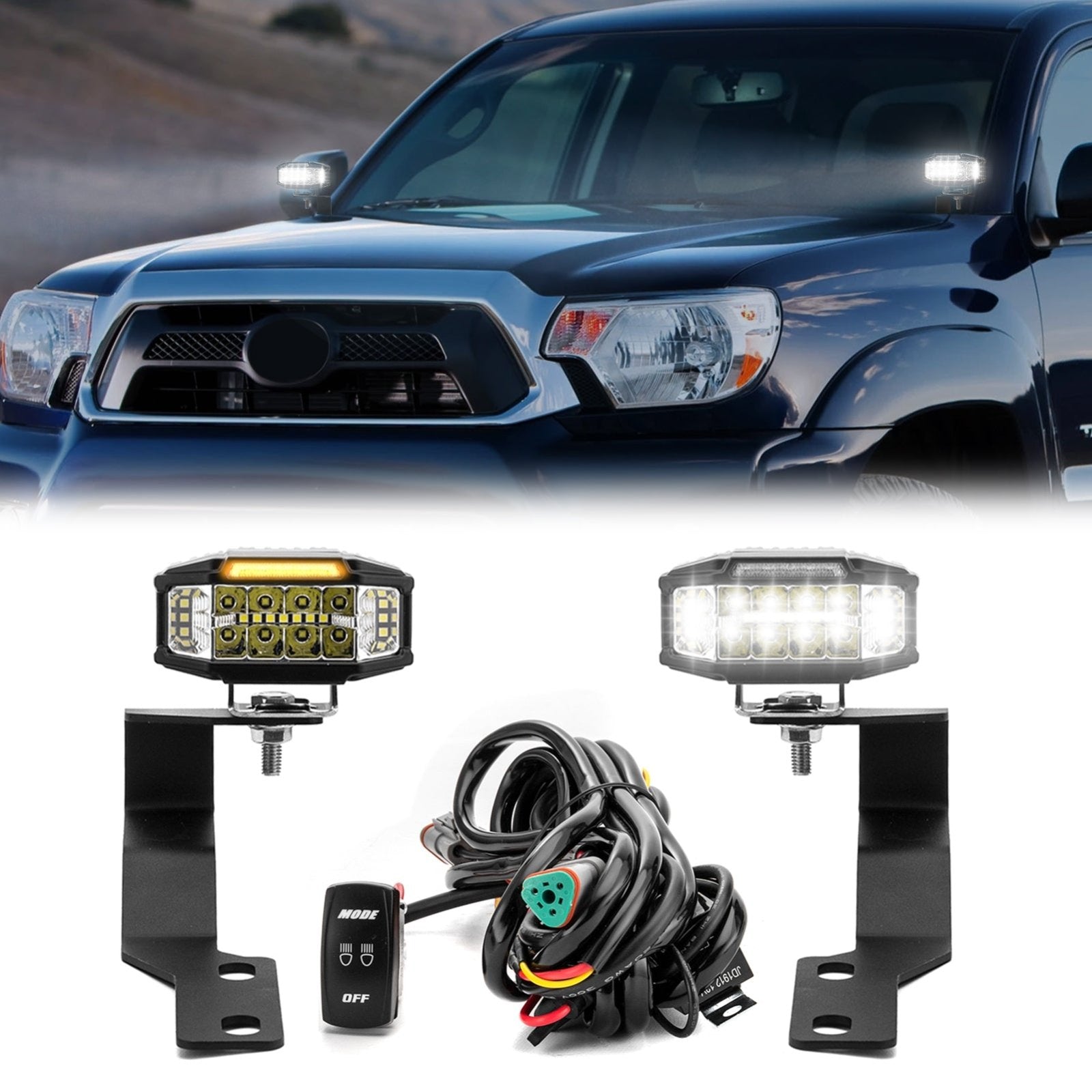 2005 - 2015 Toyota Tacoma White&Amber Strobe 3.5 Inch LED Hood Hinge Ditch Light Pods w/ Wiring Harness Kit - WeiSen - 70104006+70201013