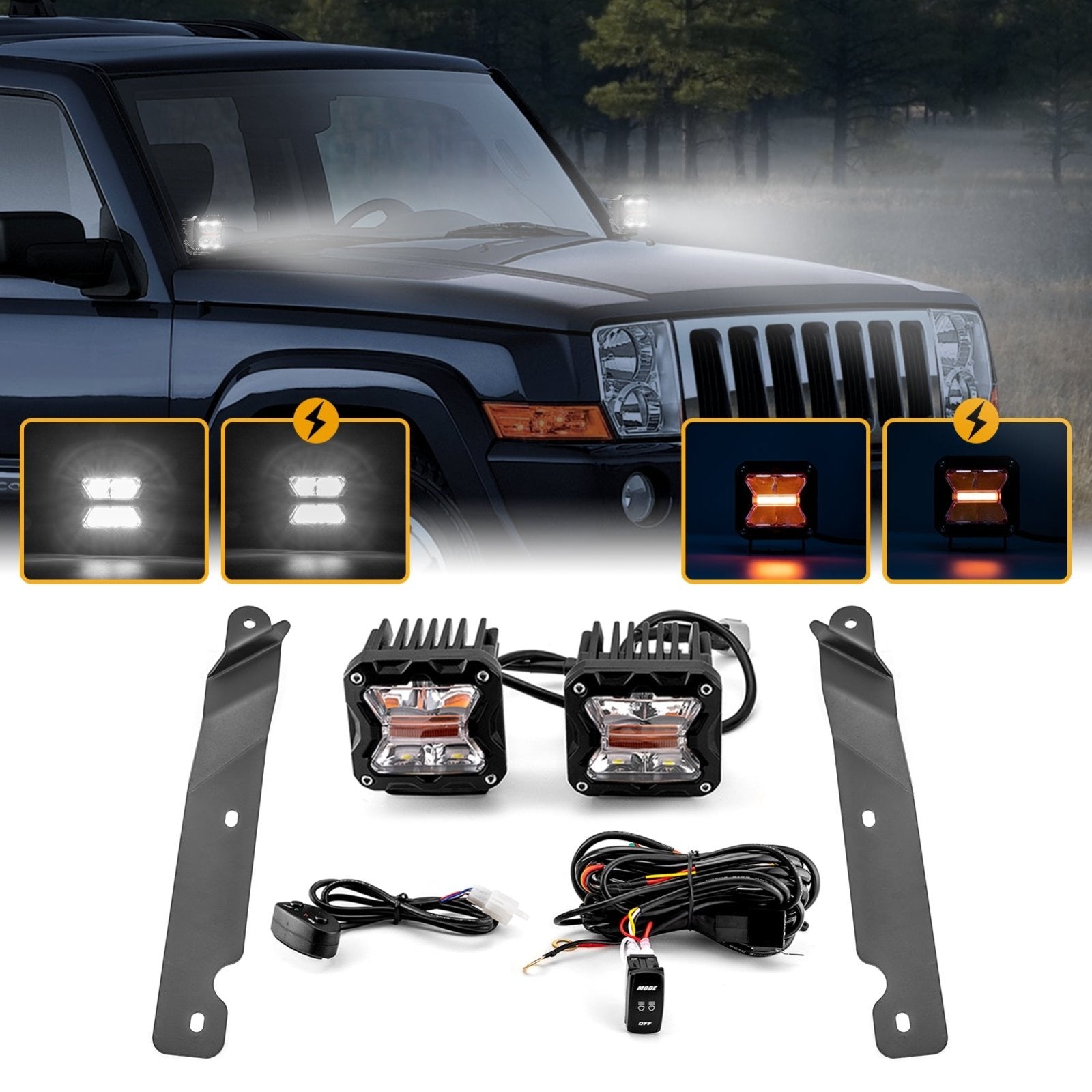 2006 - 2010 Jeep Commander XK Hood Hinge 3" White & Amber Strobe LED Ditch Light Pod Kit - WeiSen - 70104026+70201007