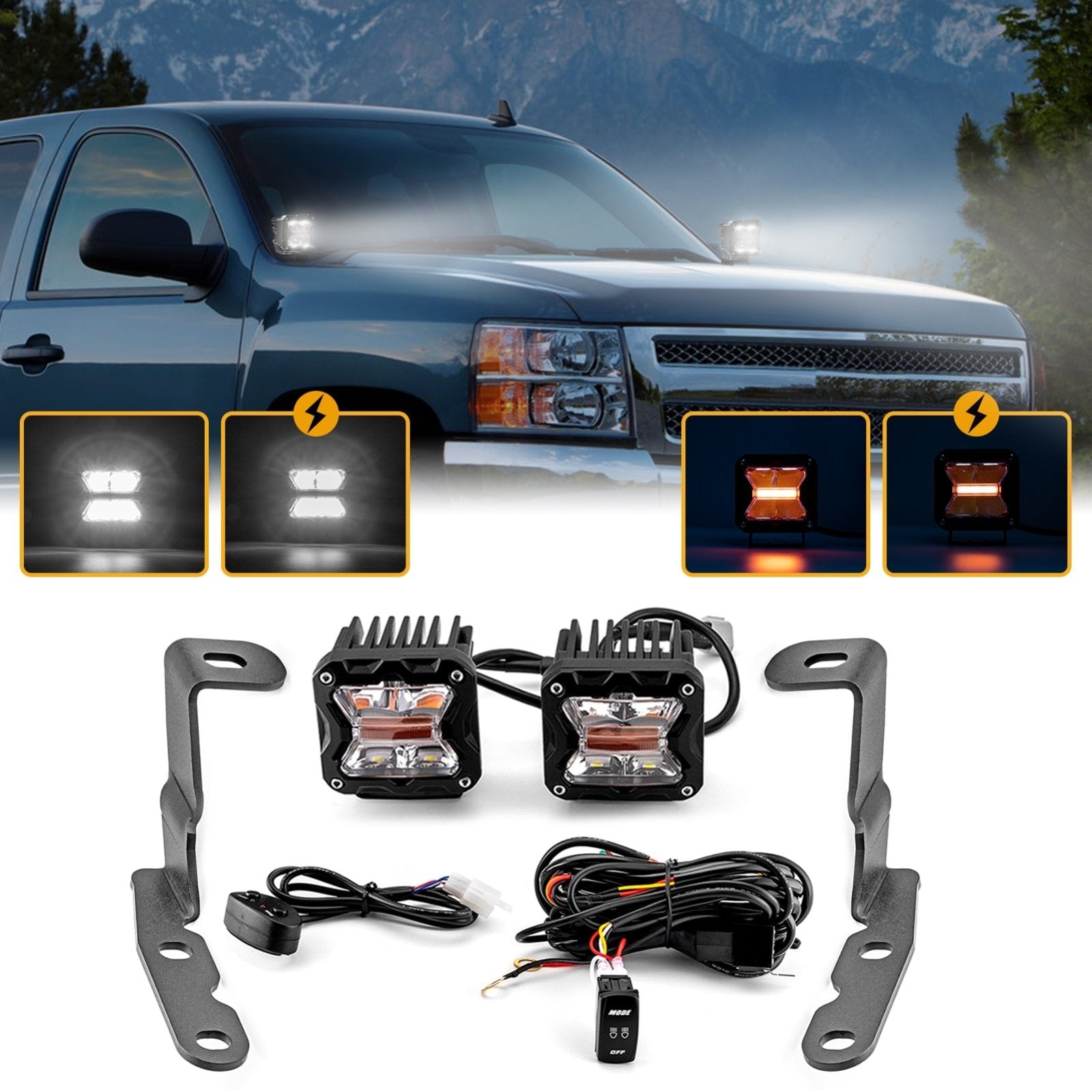 2007 - 2014 Chevrolet Silverado 2500 HD /3500 HD Hood Hinge 3" White & Amber Strobe LED Ditch Light Pod Kit - Weisen