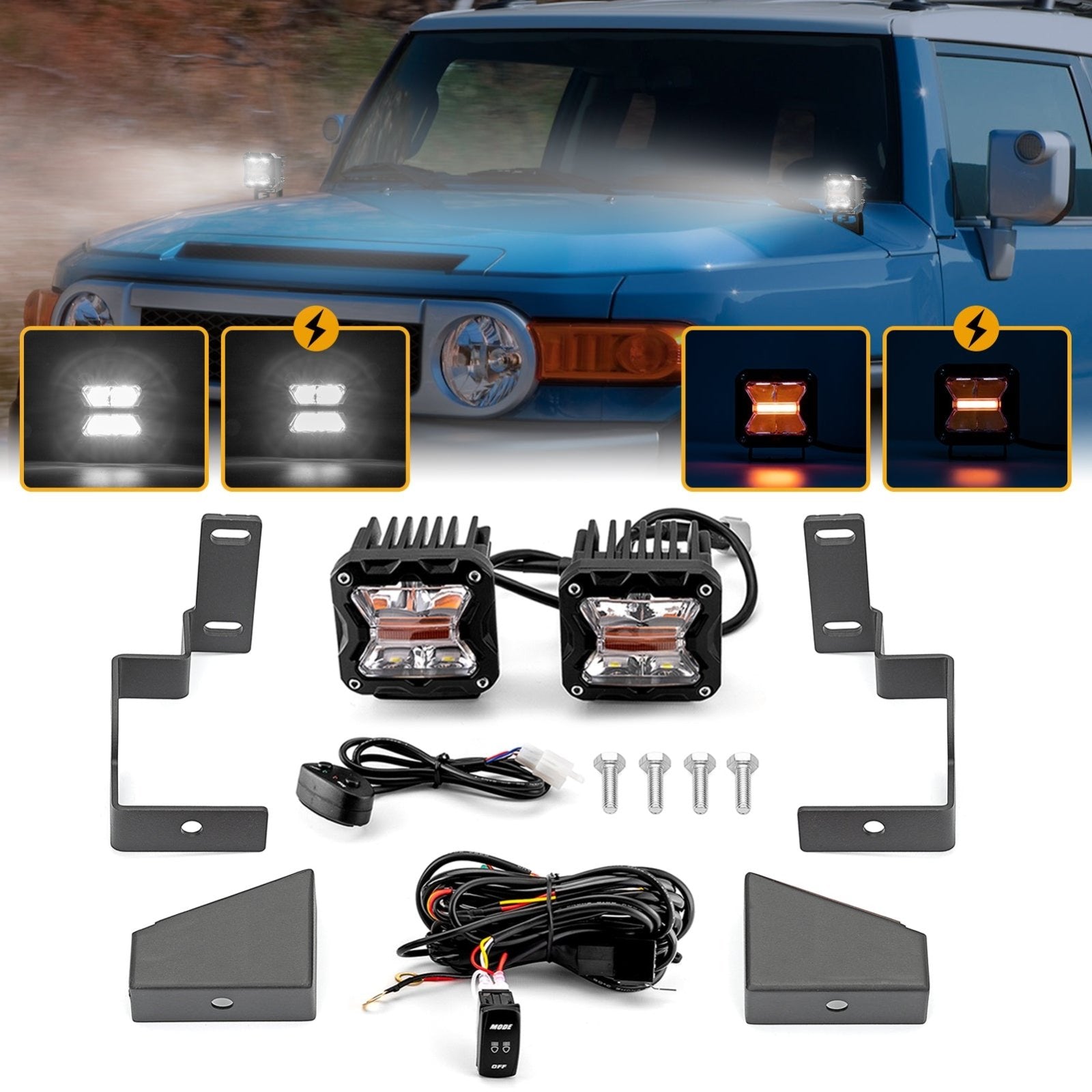 2007 - 2015 Toyota Fj Cruiser Hood Hinge 3" White & Amber Strobe LED Ditch Light Pod Kit - Weisen