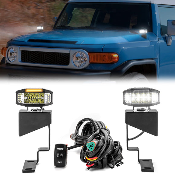 2007 - 2015 Toyota Fj Cruiser White&Amber Strobe 3.5 Inch LED Hood Hinge Ditch Light Pods w/ Wiring Harness Kit - WeiSen - 70104024+70201013