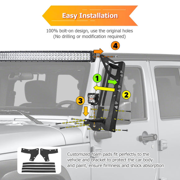 2007 - 2017 Wrangler JK Heavy Duty Steel Over - Windshield Pillar Light Bar Mount Bracket for 52" Light Bar & Light Pod - WeiSen - 70101046