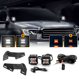 2007 - 2021 Toyota Sequoia Hood Hinge 3" White & Amber Strobe LED Ditch Light Pod Kit - WeiSen - 70104043+70201007