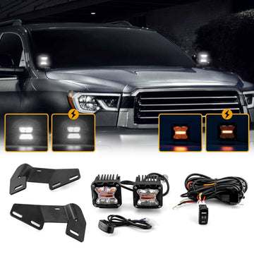 2007 - 2021 Toyota Sequoia Hood Hinge 3" White & Amber Strobe LED Ditch Light Pod Kit - WeiSen - 70104043+70201007