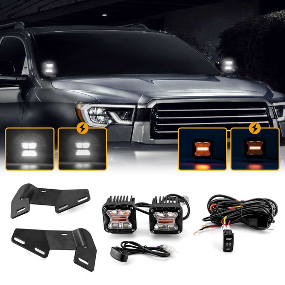 2007 - 2021 Toyota Sequoia Hood Hinge 3" White & Amber Strobe LED Ditch Light Pod Kit - WeiSen - 70104043+70201007