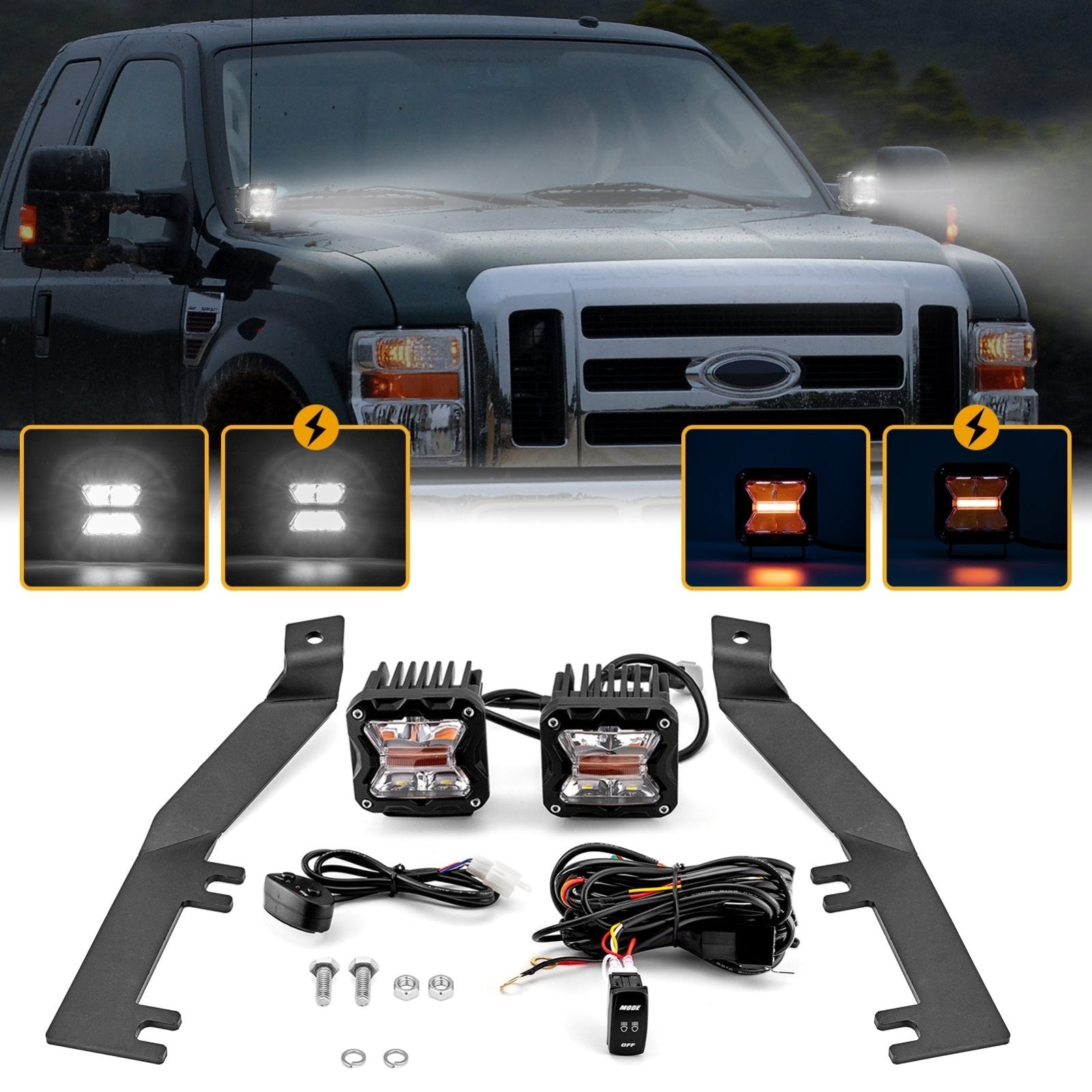 2008 - 2010 Ford F250/F350 Super Duty 3" Amber White Strobe Lights+Ditch Mount+DT Wire Kit - Weisen