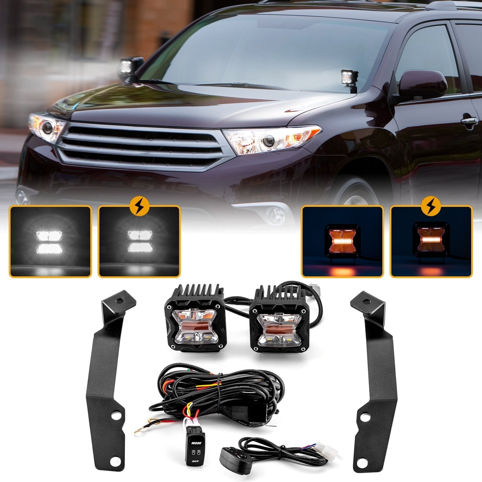 2008 - 2013 Toyota Highlander Hood Hinge 3" White & Amber Strobe LED Ditch Light Pod Kit - Weisen