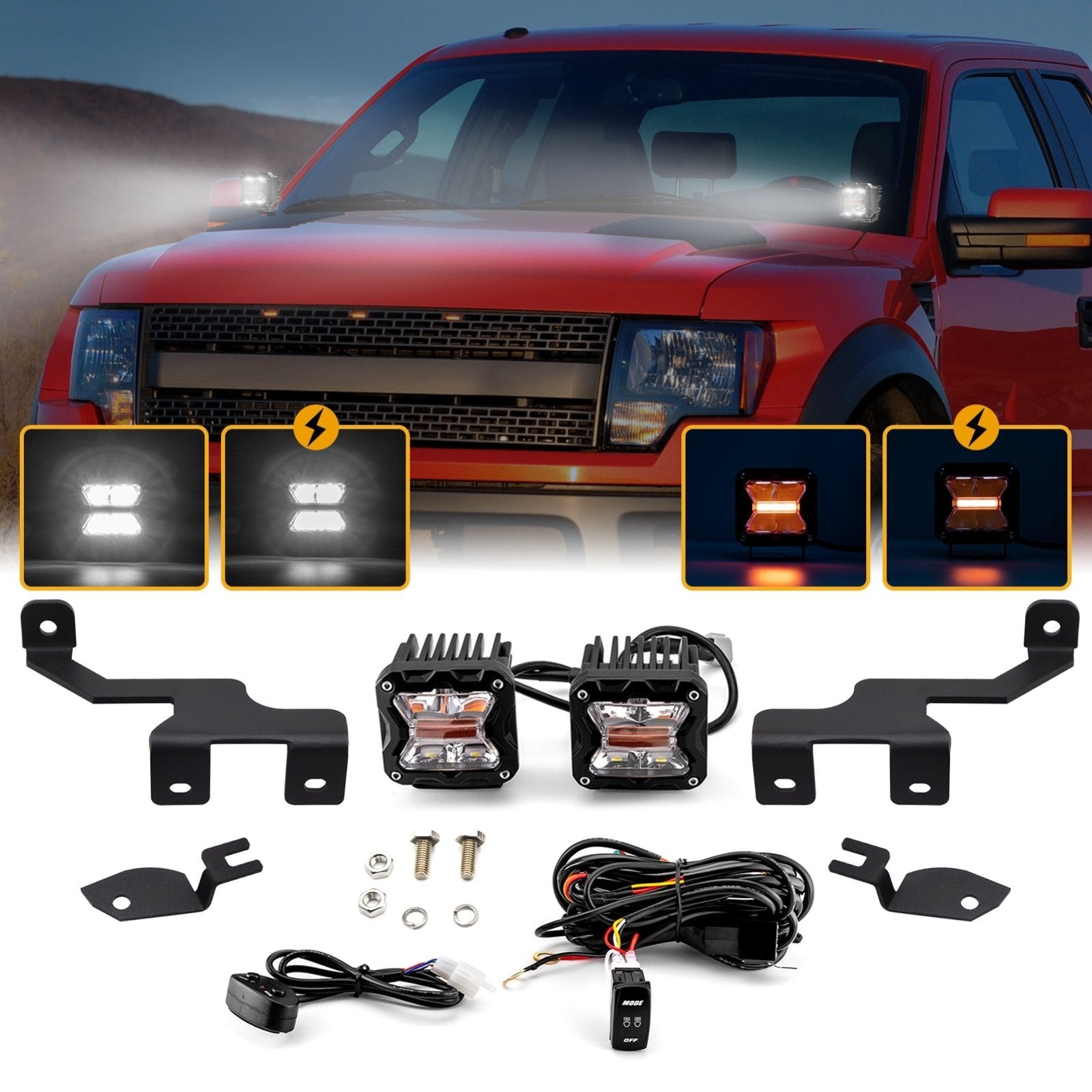 2010 - 2014 Ford F150 SVT Raptor / F - 150 White & Amber Strobe 3" LED Ditch Light Pods With Wiring Harness Ki - Weisen