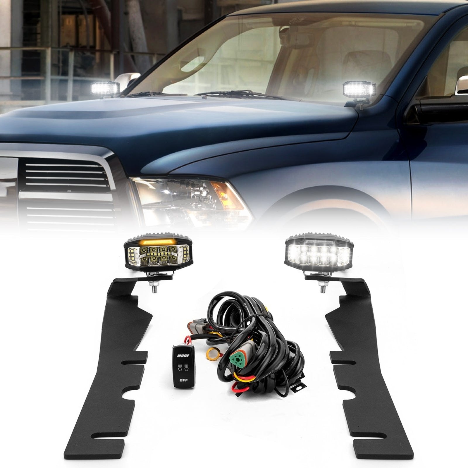 2010 - 2018 Dodge Ram 1500 2500 3500 White&Amber Strobe 3.5 Inch LED Hood Hinge Ditch Light Pods w/ Wiring Harness Kit - WeiSen - 70104008+70201013