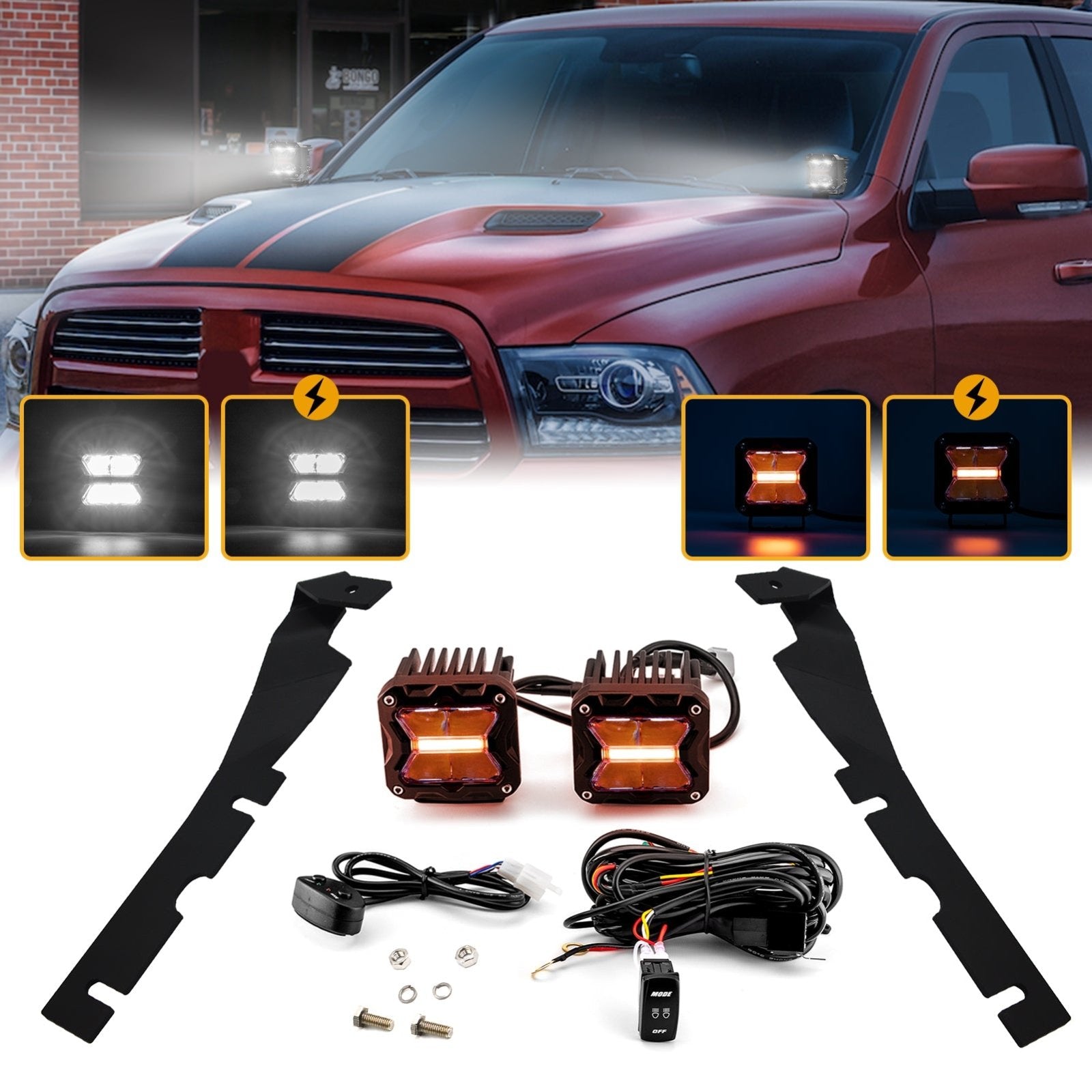 2010 - 2018 DODGE RAM 1500/2500/3500 Hood Hinge 3" White & Amber Strobe LED Ditch Light Pod Kit - WeiSen - 70104008+70201007