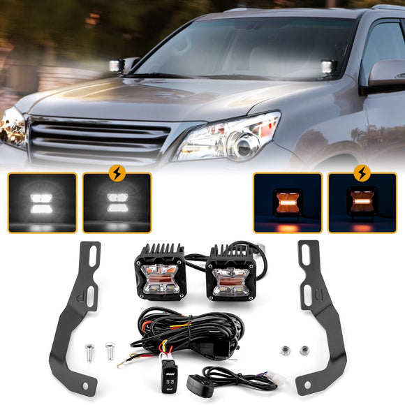2010 - 2023 2nd Gen Lexus GX 460 Hood Hinge 3" White & Amber Strobe LED Ditch Light Pod Kit - WeiSen - 70104047+70201007