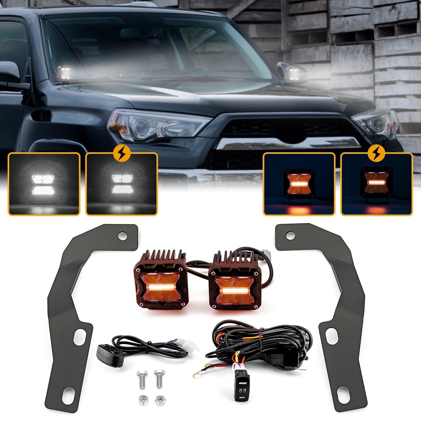 2010 - 2023 Toyota 4Runner 3" White & Amber Strobe LED Ditch Light Pods W/ DT Wiring Harness Kit - Weisen