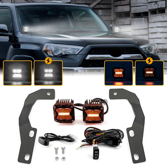 2010 - 2024 Toyota 4Runner 3" White & Amber Strobe LED Ditch Light Pods W/ DT Wiring Harness Kit - WeiSen - 70104004+70201007