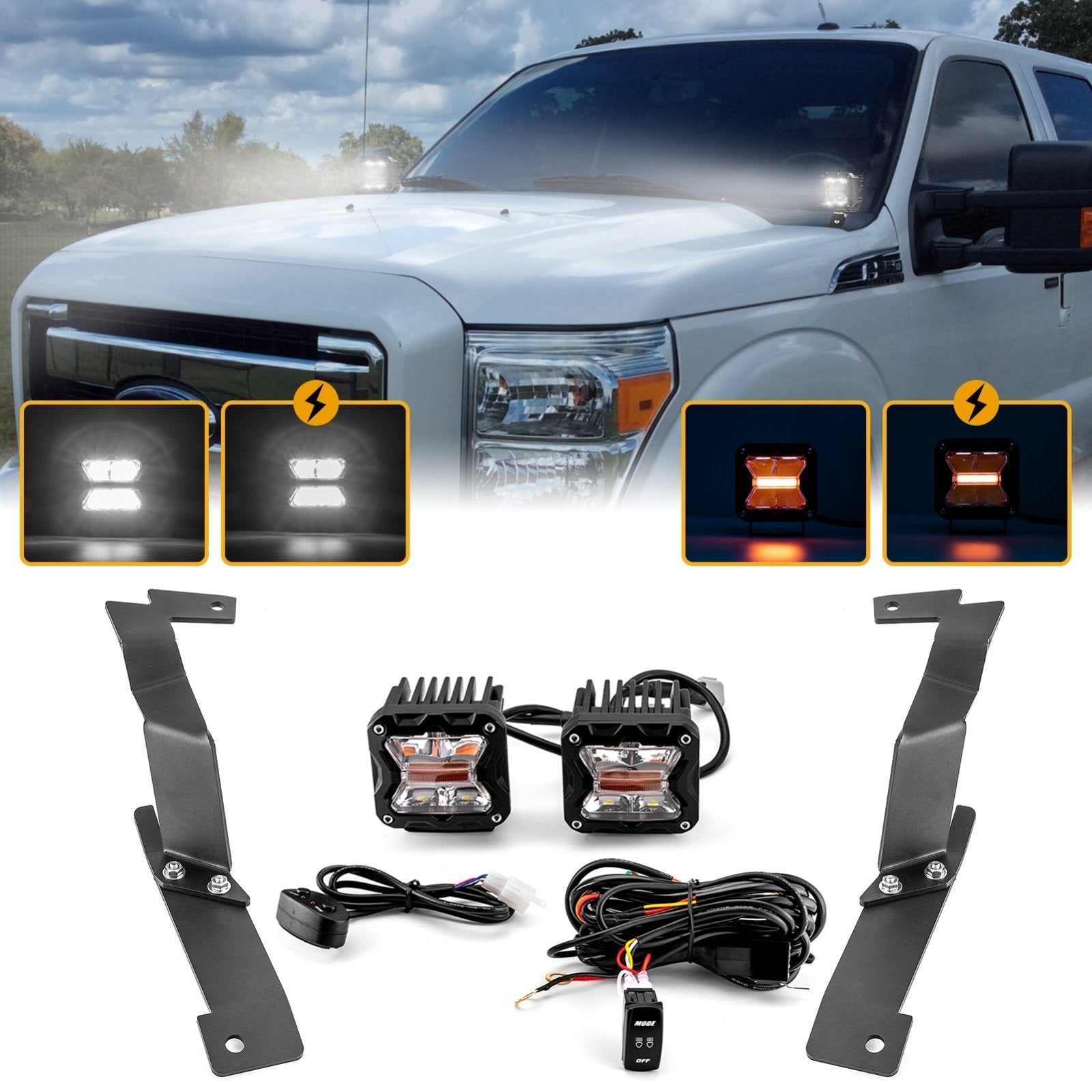 2011 - 2016 Ford F250 F350 Super Duty Hood Hinge 3" White & Amber Strobe LED Ditch Light Pod Kit - Weisen