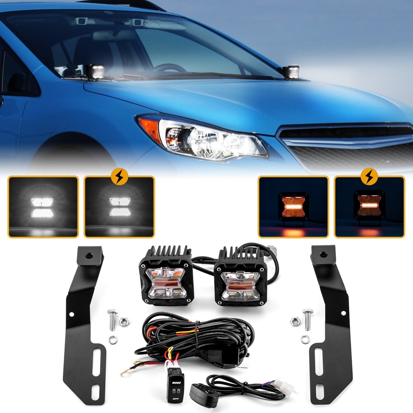 2013 - 2017 Subaru Crosstrek Hood Hinge 3" White & Amber Strobe LED Ditch Light Pod Kit - Weisen