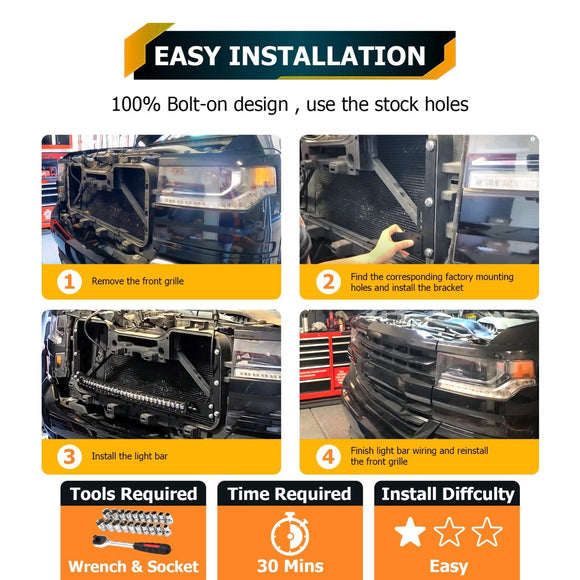 2014 - 2018 Chevy Silverado 1500 Heavy - Duty Steel Grill Hidden 32" Curved Light Bar Mounting Bracket - WeiSen - 70103011