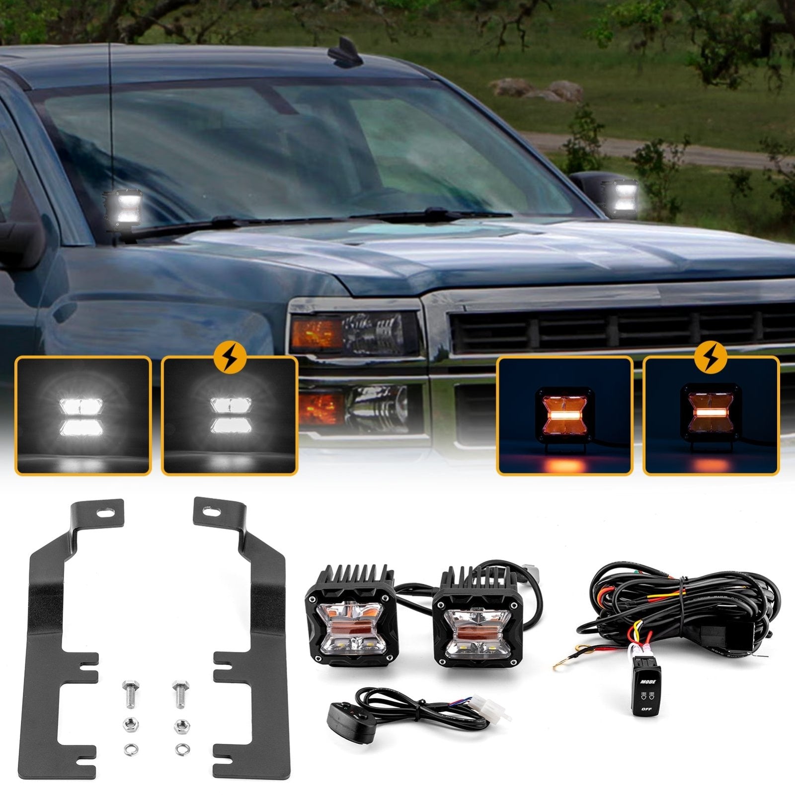 2014 - 2018 Chevy Silverado / GMC Sierra 1500 Hood Hinge 3" White & Amber Strobe LED Ditch Light Pod Kit - Weisen