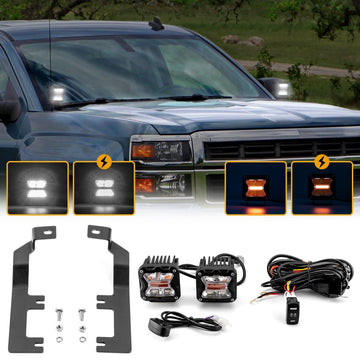2014 - 2018 Chevy Silverado / GMC Sierra 1500 Hood Hinge 3" White & Amber Strobe LED Ditch Light Pod Kit - WeiSen - 70104037+70201007