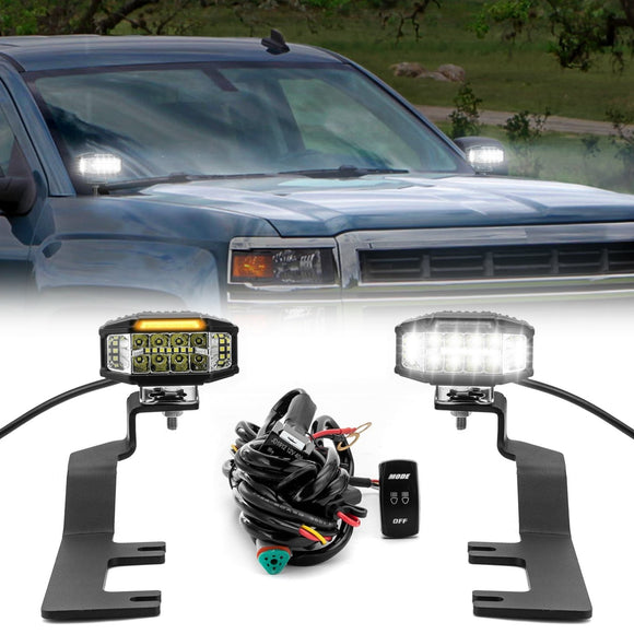 2014 - 2018 Chevy Silverado, GMC Sierra 1500 White&Amber Strobe 3.5 Inch LED Hood Hinge Ditch Light Pods w/ Wiring Harness Kit - WeiSen - 70104037+70201013