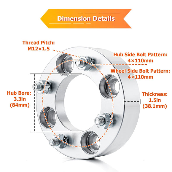 2014 - 2023 2025 Honda Pioneer 500/520/700/700 - 4 | 2Pcs 1.5" 4x110mm Wheel Spacers | 6061 - T6 Forged Aluminum - WeiSen - 80403030