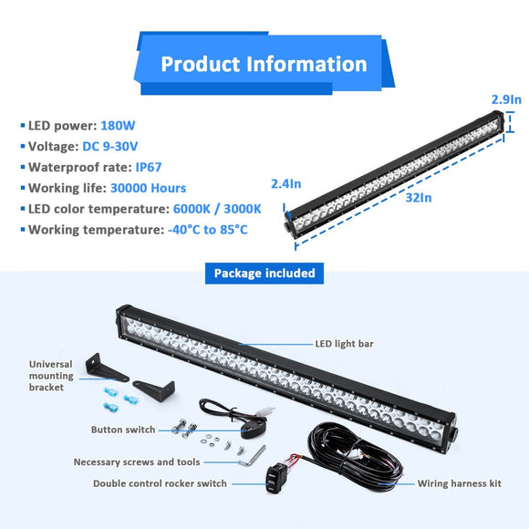2014 - 2023 Polaris RZR 900 XP1000 Spot Flood Amber White Strobe 32 Inch Dual Row Straight 180w LED Light Bar - WeiSen - 80101004+70202018