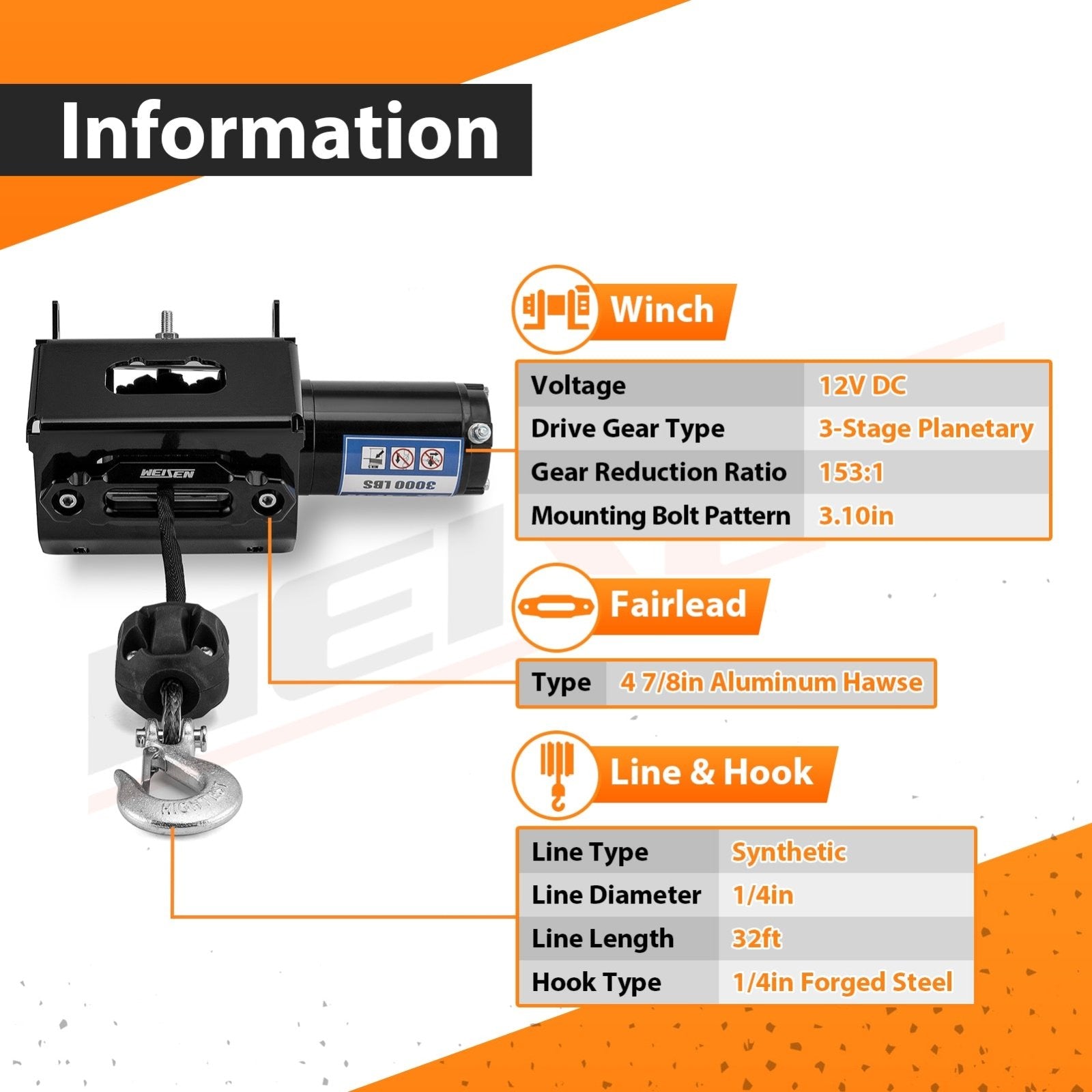 2014 - 2024 Honda Rancher Foreman Rubicon TRX420/500/520 UTV ATV 3000lb 12V Electric Winch Kit - WeiSen - 80310036