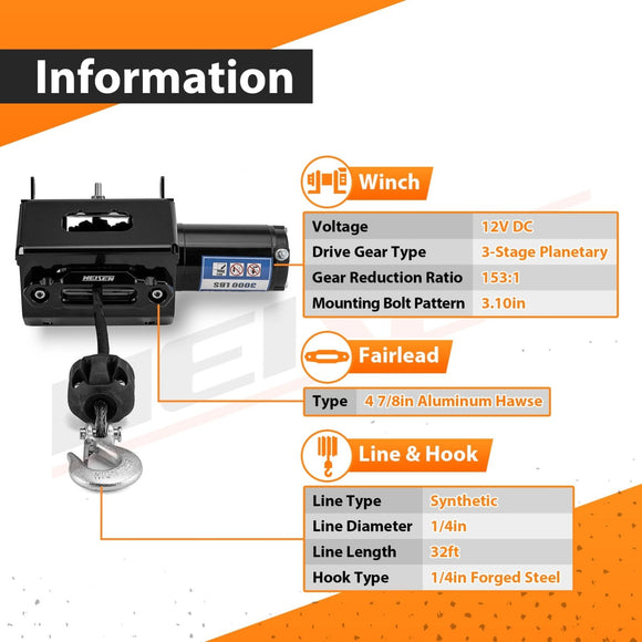 2014 - 2024 Honda Rancher Foreman Rubicon TRX420/500/520 UTV ATV 3000lb 12V Electric Winch Kit - WeiSen - 80310036