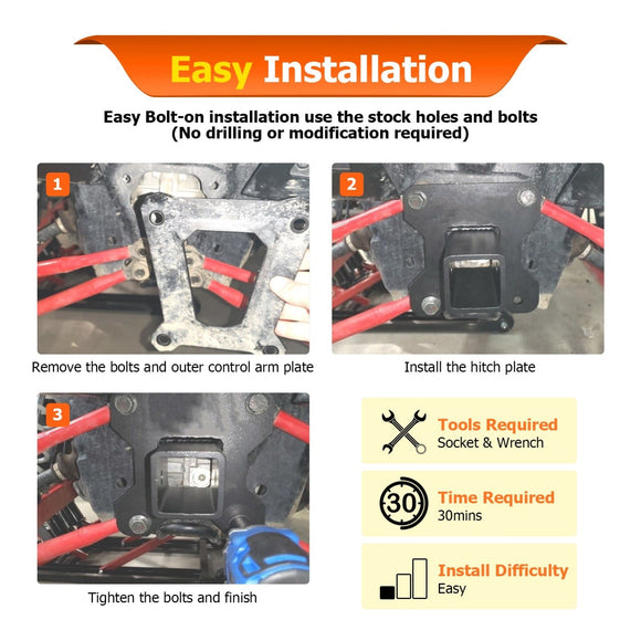 2014 - 2024 Polaris RZR XP 1000 / XP 4 1000 Heavy - Duty Steel 2" Rear Tow Receiver Hitch & Shackle Hitch Receiver - WeiSen - 80107007+70304017