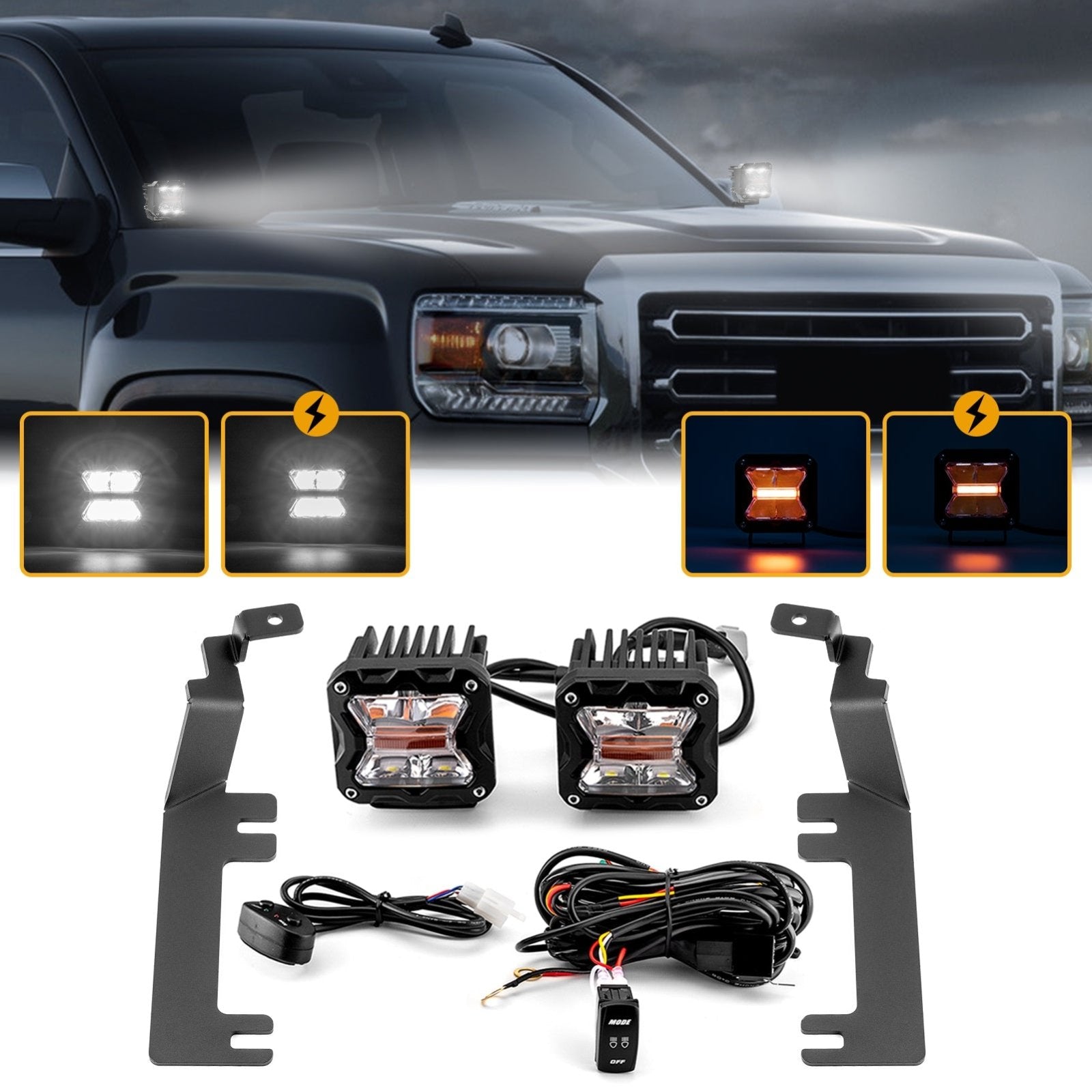 2015 - 2019 Chevrolet Silverado 2500HD 3500HD Hood Hinge 3" White & Amber Strobe LED Ditch Light Pod Kit - Weisen