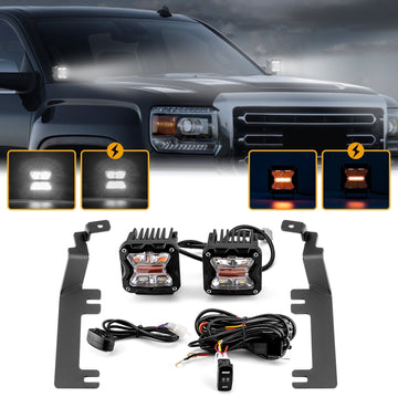 2015 - 2019 Chevrolet Silverado 2500HD 3500HD Hood Hinge 3" White & Amber Strobe LED Ditch Light Pod Kit - WeiSen - 70104033+70201007