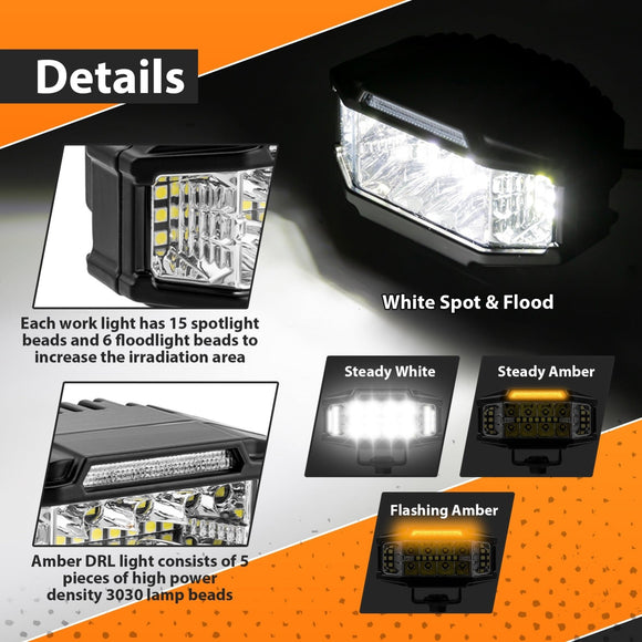 2015 - 2019 Chevrolet Silverado/GMC Sierra 2500HD 3500HD White&Amber Strobe 3.5 Inch LED Hood Hinge Ditch Light Pods w/ Wiring Harness Kit - WeiSen - 70104033+70201013