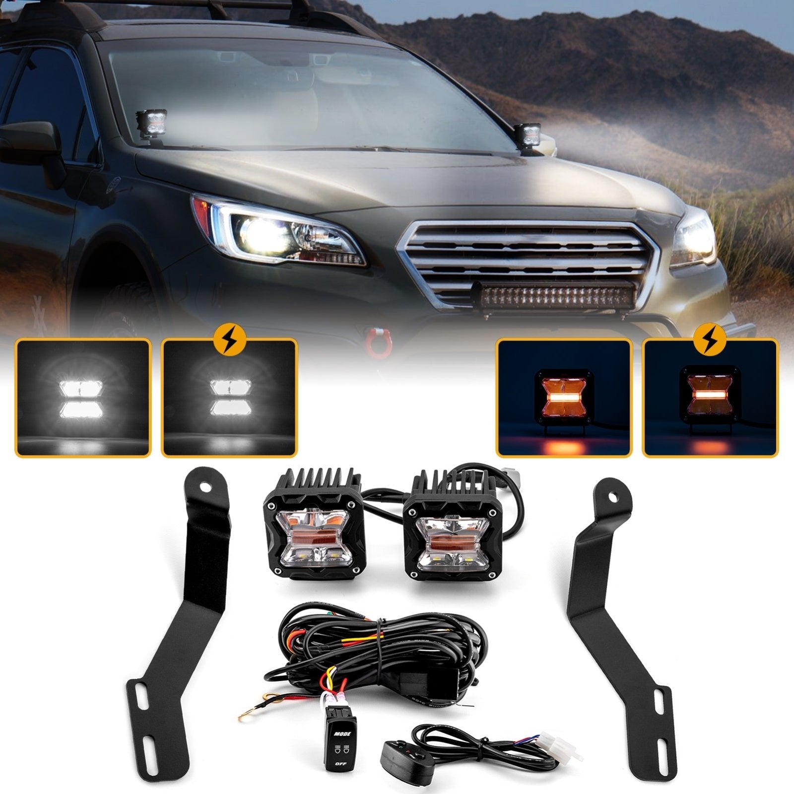 2015 - 2019 Subaru 5th Gen Outback Hood Hinge 3" White & Amber Strobe LED Ditch Light Pod Kit - Weisen