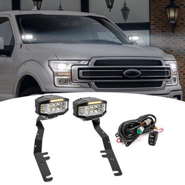 2015 - 2020 Ford F150 White&Amber Strobe 3.5 Inch LED Hood Hinge Ditch Light Pods w/ Wiring Harness Kit - WeiSen - 70104071+70201013