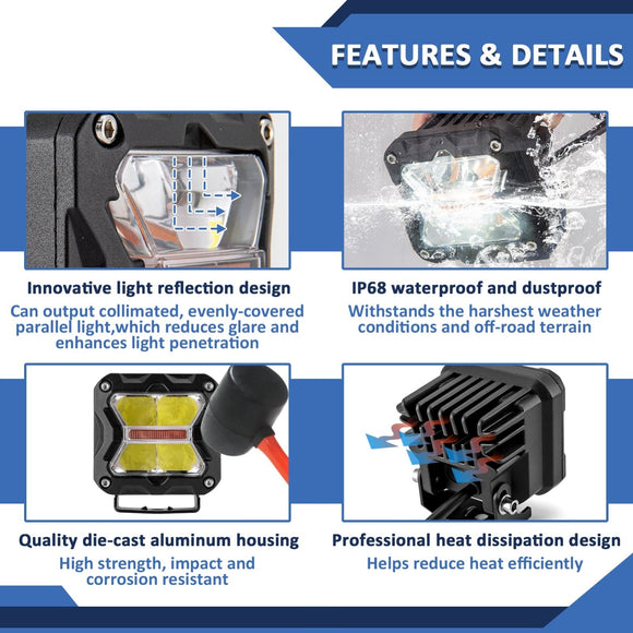 2015 - 2022 Chevrolet Colorado/GMC Canyon White & Amber Strobe 3" LED Ditch Light Pods With Wiring Harness Kit - WeiSen - 70104012+70201007