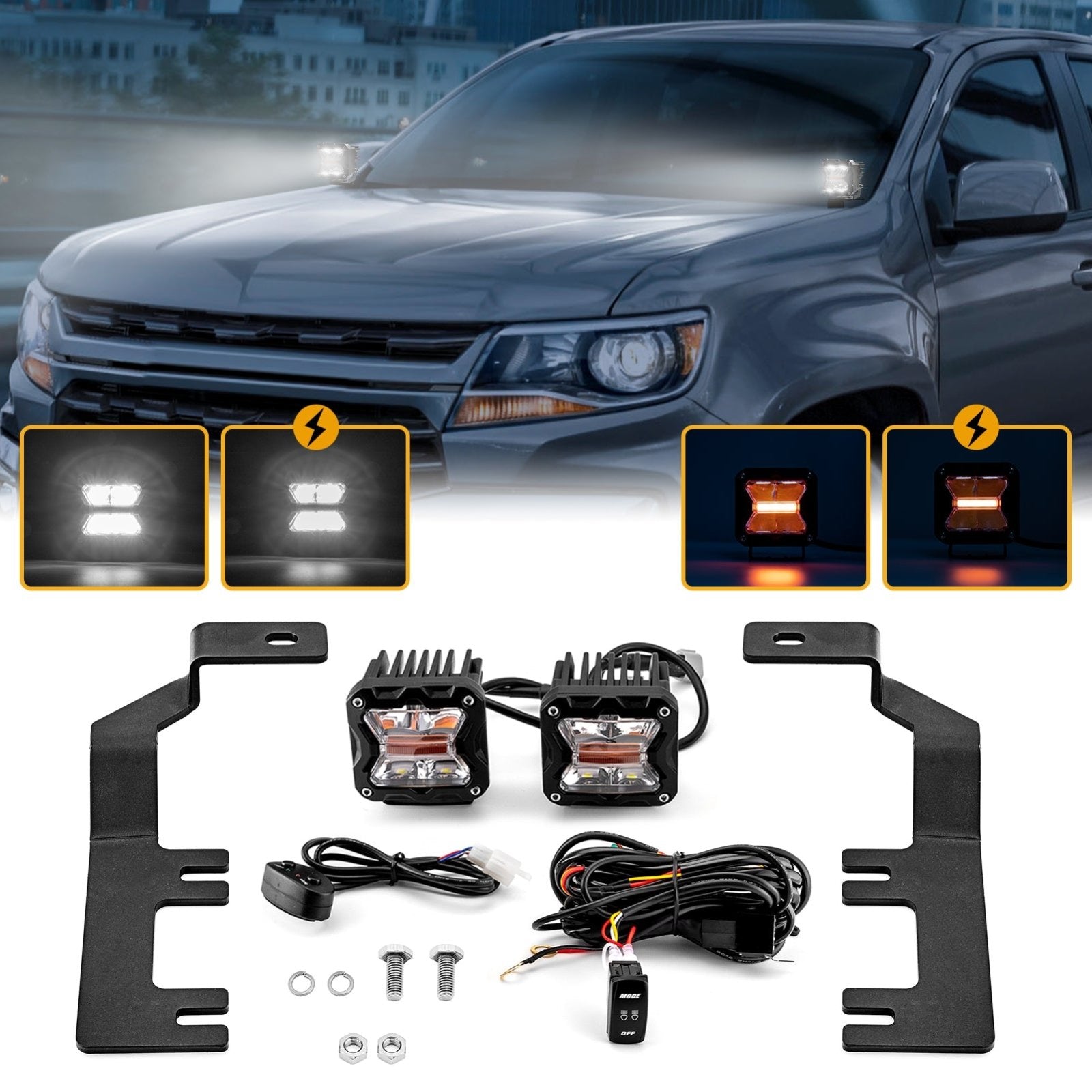 2015 - 2022 Chevrolet Colorado/GMC Canyon White & Amber Strobe 3" LED Ditch Light Pods With Wiring Harness Kit - Weisen