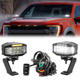 2015 - 2023 Ford F150/ F150 Raptor White&Amber Strobe 3.5 Inch LED Hood Hinge Ditch Light Pods w/ Wiring Harness Kit - WeiSen - 70104014+70201013