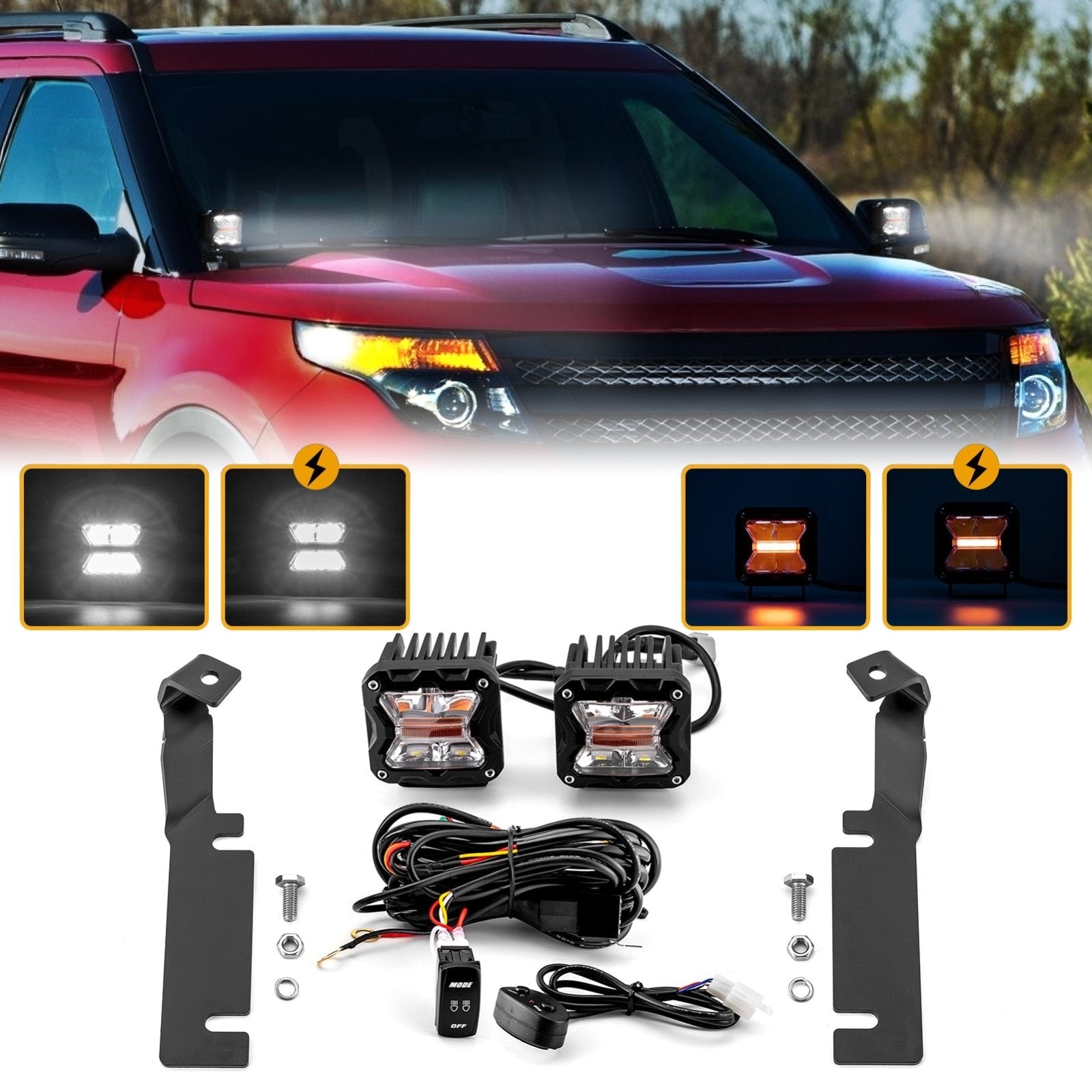 2016 - 2017 Ford Explorer Hood Hinge 3" White & Amber Strobe LED Ditch Light Pod Kit - Weisen