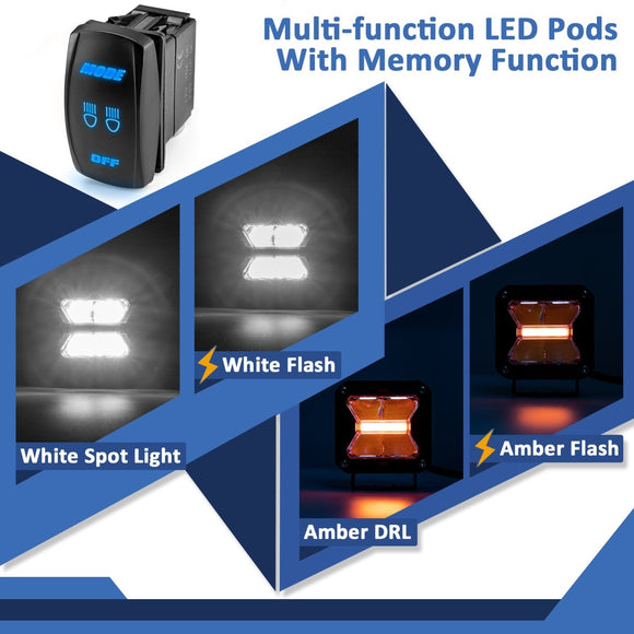 2016 - 2017 Ford Explorer Hood Hinge 3" White & Amber Strobe LED Ditch Light Pod Kit - WeiSen - 70104055+70201007