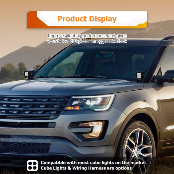 2016 - 2017 Ford Explorer White&Amber Strobe 3.5 Inch LED Hood Hinge Ditch Light Pods w/ Wiring Harness Kit - WeiSen - 70104055+70201013