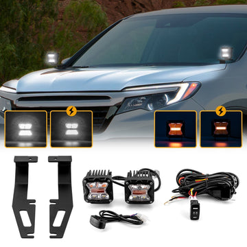 2016 - 2022 Honda Ridgeline/Passport/Pilot/Odyssey Hood Hinge 3" White & Amber Strobe LED Ditch Light Pod Kit - WeiSen - 70104044+70201007