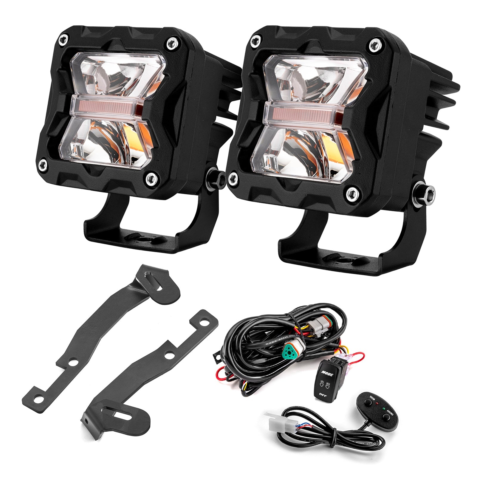 2016 - 2023 Toyota Tacoma Hood Hinge 3" White & Amber Strobe LED Light Pods W/ Wiring Harness Kit - Weisen