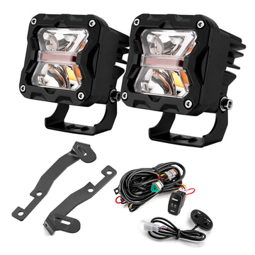 2016 - 2023 Toyota Tacoma Hood Hinge 3" White & Amber Strobe LED Light Pods W/ Wiring Harness Kit - WeiSen - 70104002+70201007