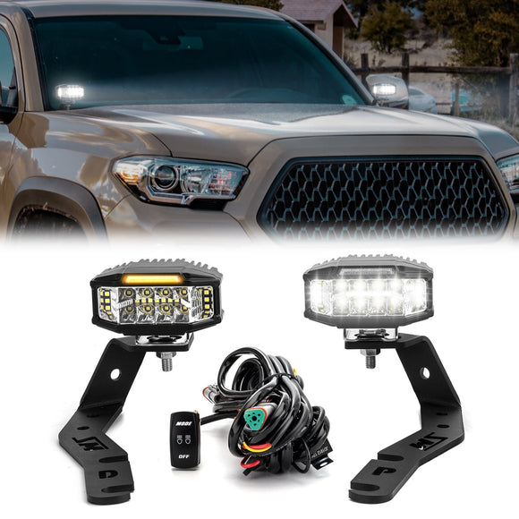 2016 - 2023 Toyota Tacoma White&Amber Strobe 3.5 Inch LED Light Pods w/ Wiring Harness Kit - WeiSen - 70104002+70201013