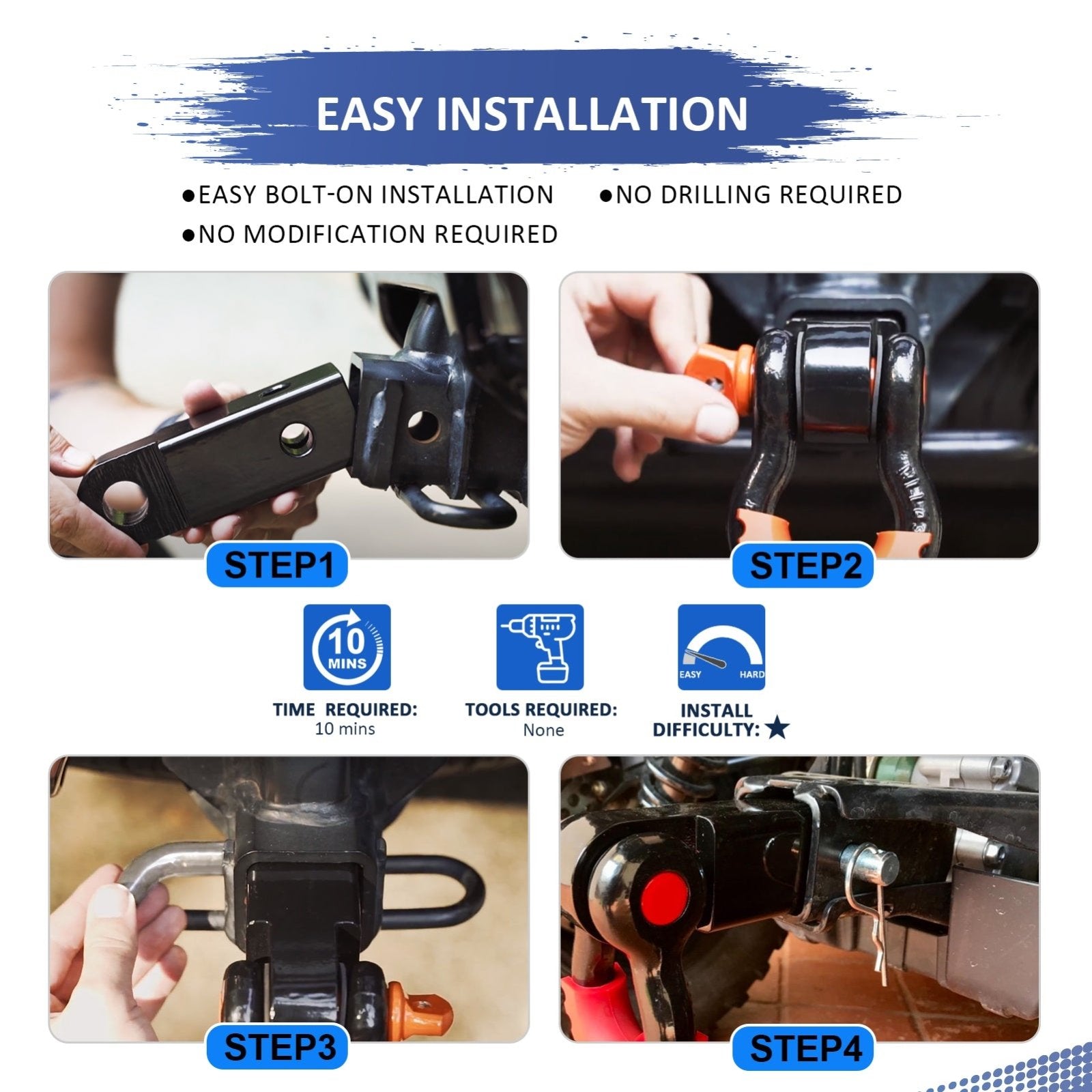 2017 - 2021 Honda Pioneer 1000 LE / 1000 - 5 LE 2inch Front Receiver Hitch & Shackle Hitch Receiver - WeiSen - 80107013+70304017